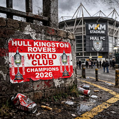 Hull KR sticker celebrating the 2026 world club challenge win on a wall outside of the MKM Stadium